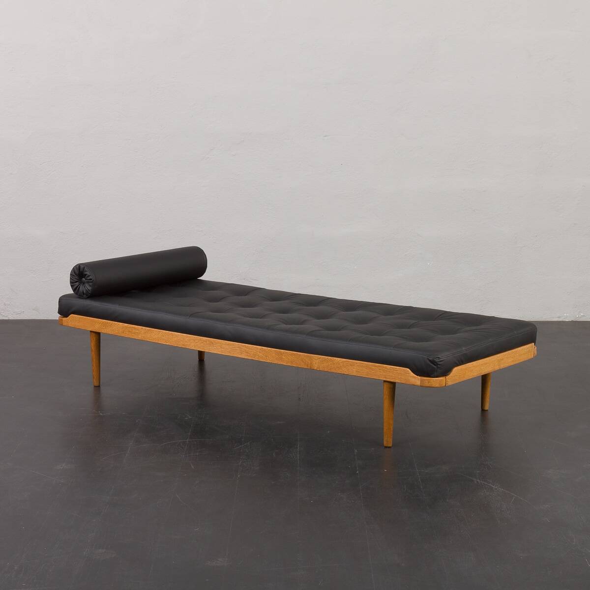 Danish mid century solid oak daybed in black leather, 1960s