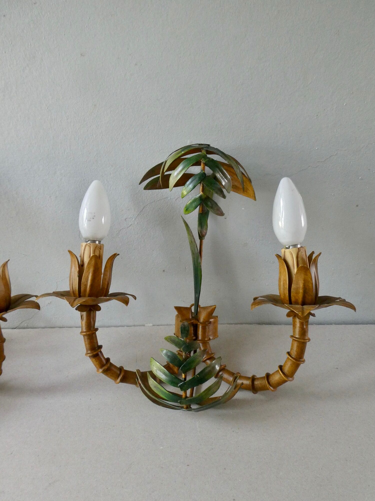 Pair of bamboo and palm sconces in metal 70s