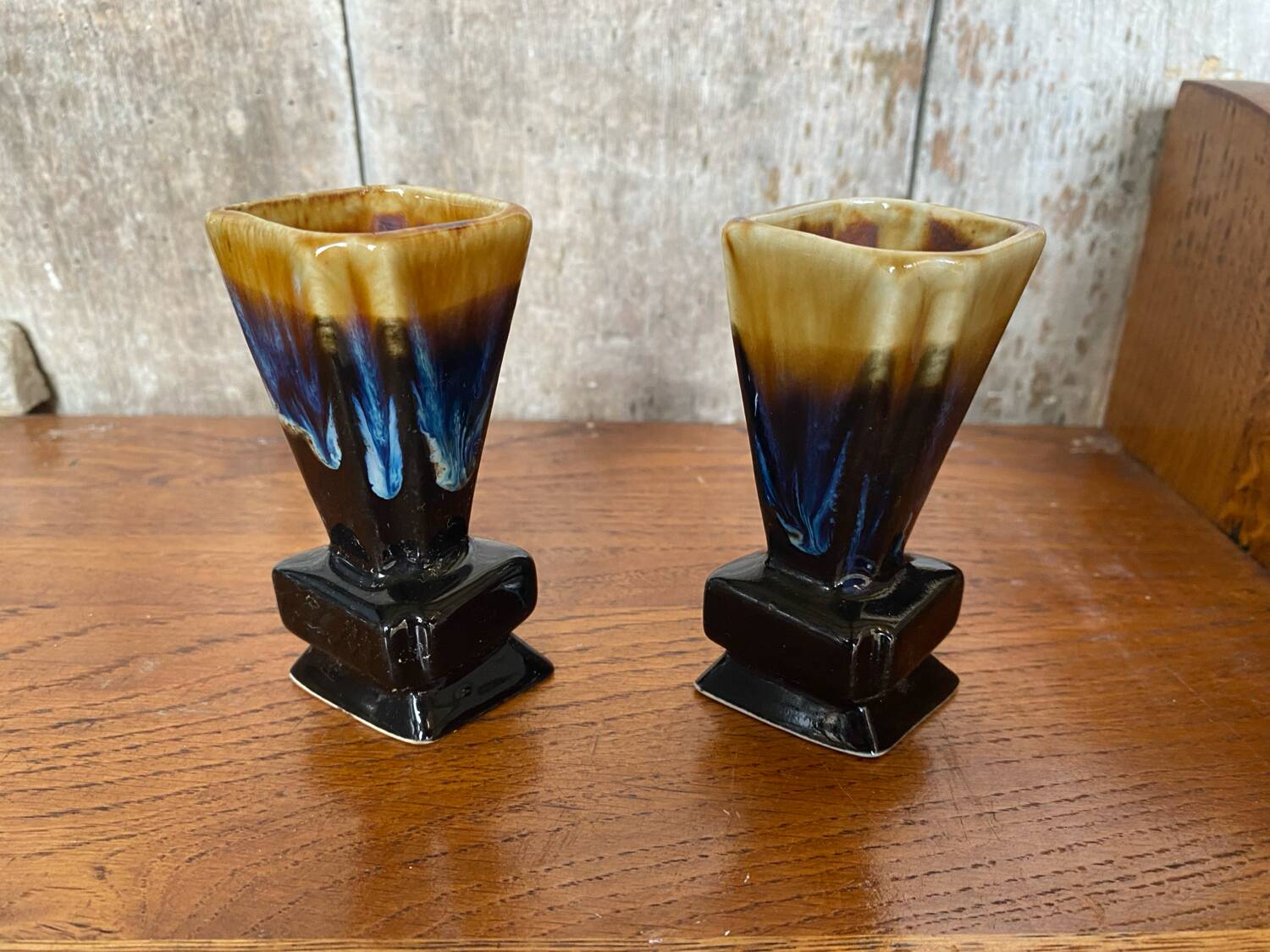 Pair of art deco flamed ceramic vases in black & beige vintage