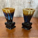 Pair of art deco flamed ceramic vases in black & beige vintage