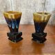 Pair of art deco flamed ceramic vases in black & beige vintage