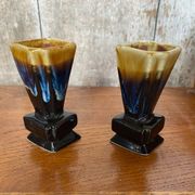 Pair of art deco flamed ceramic vases in black & beige vintage