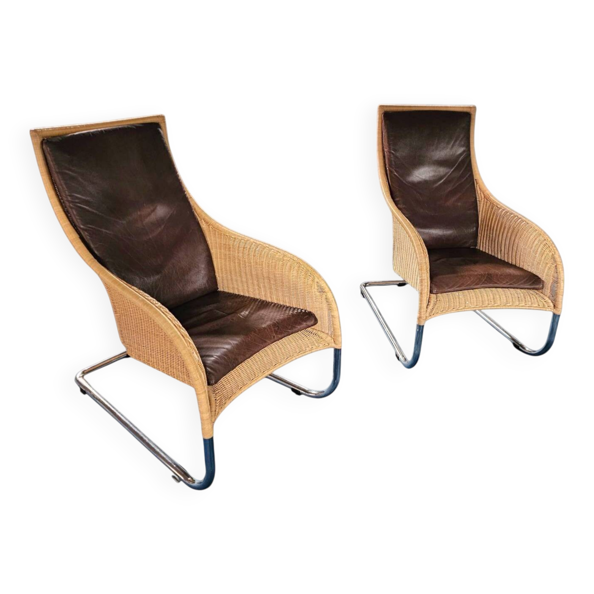 2 x Weighty rattan lounge chair / brown leather 1990s  Very good condition