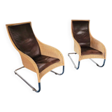 2 x Weighty rattan lounge chair / brown leather 1990s  Very good condition