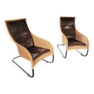 2 x Chaise longue lourde en rotin / cuir marron années 1990 Très bon état