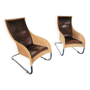 2 x Weighty rattan lounge chair / brown leather 1990s  Very good condition