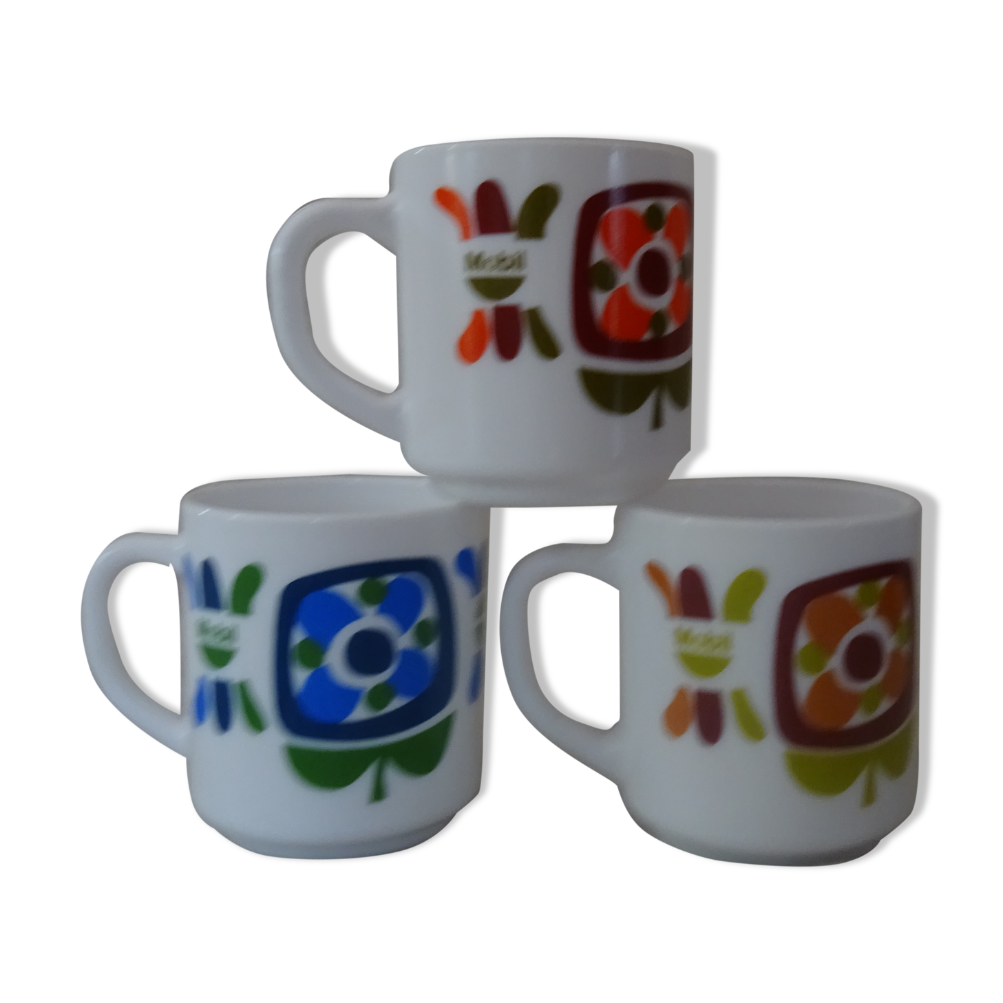 3 mugs mobil grosses fleurs Arcopal pub bleu  orange  ocre collection vintage