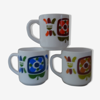 3 mugs mobil grosses fleurs Arcopal pub bleu  orange  ocre collection vintage