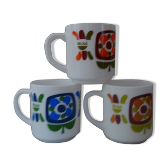 3 mugs mobil big flowers Arcopal pub blue orange ochre vintage collection vintage
