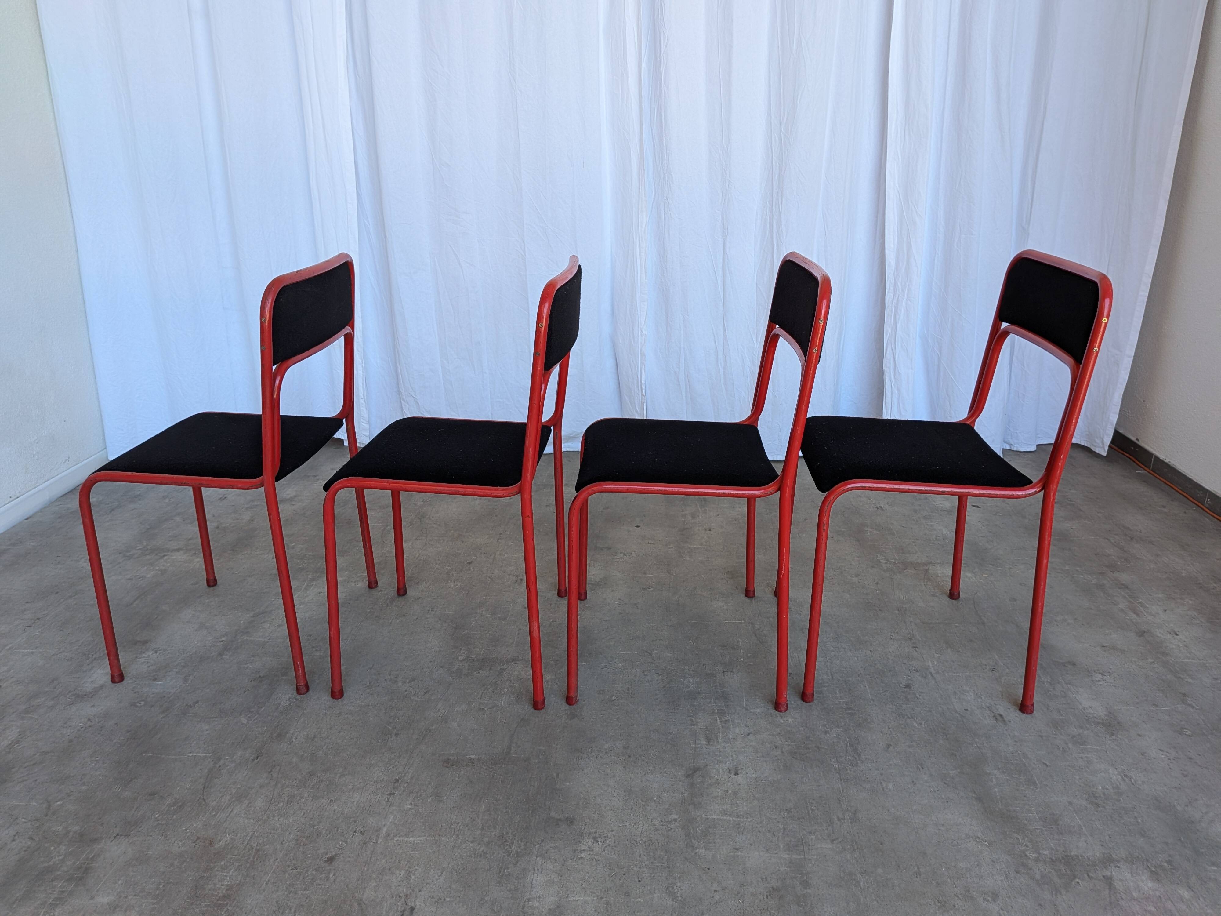 Set of 4 1970s Red & Black Metal Chair: Space Age Stackable Dining Chair