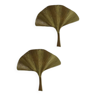 Fan Leaf Motif Gold Metal Wall Sconces - a Pair