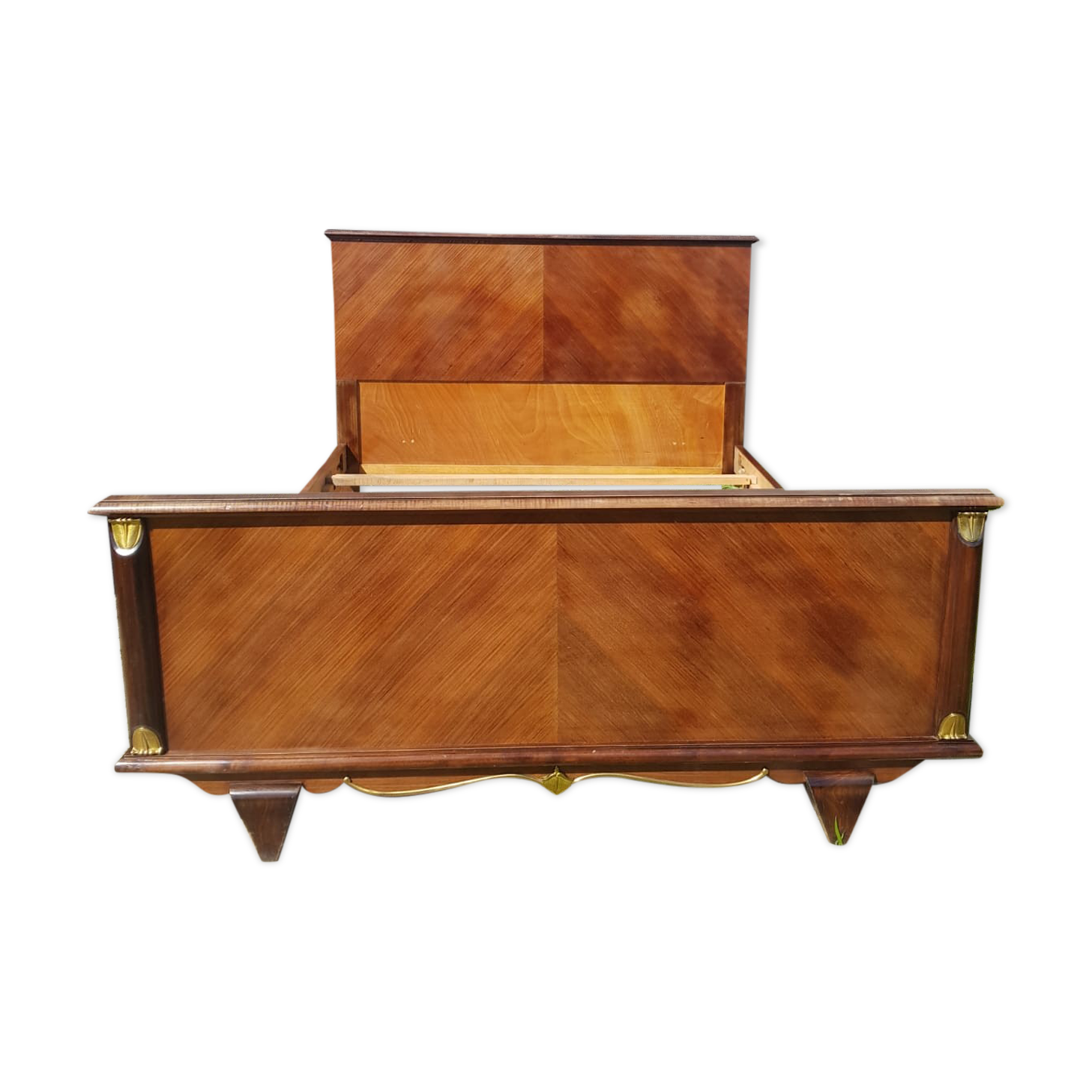 Former art deco bed 2 people wood - vintage golden ornaments