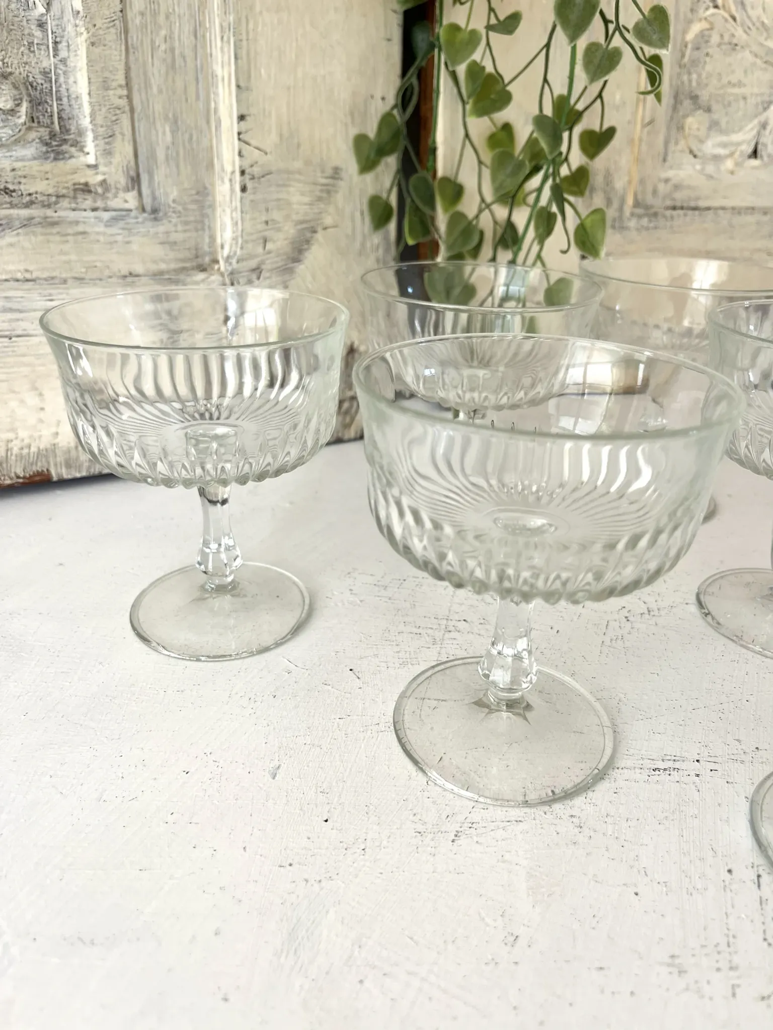 Coupe Glasses – French Set of 6 Pressed Glass Sunburst Cocktail Desser