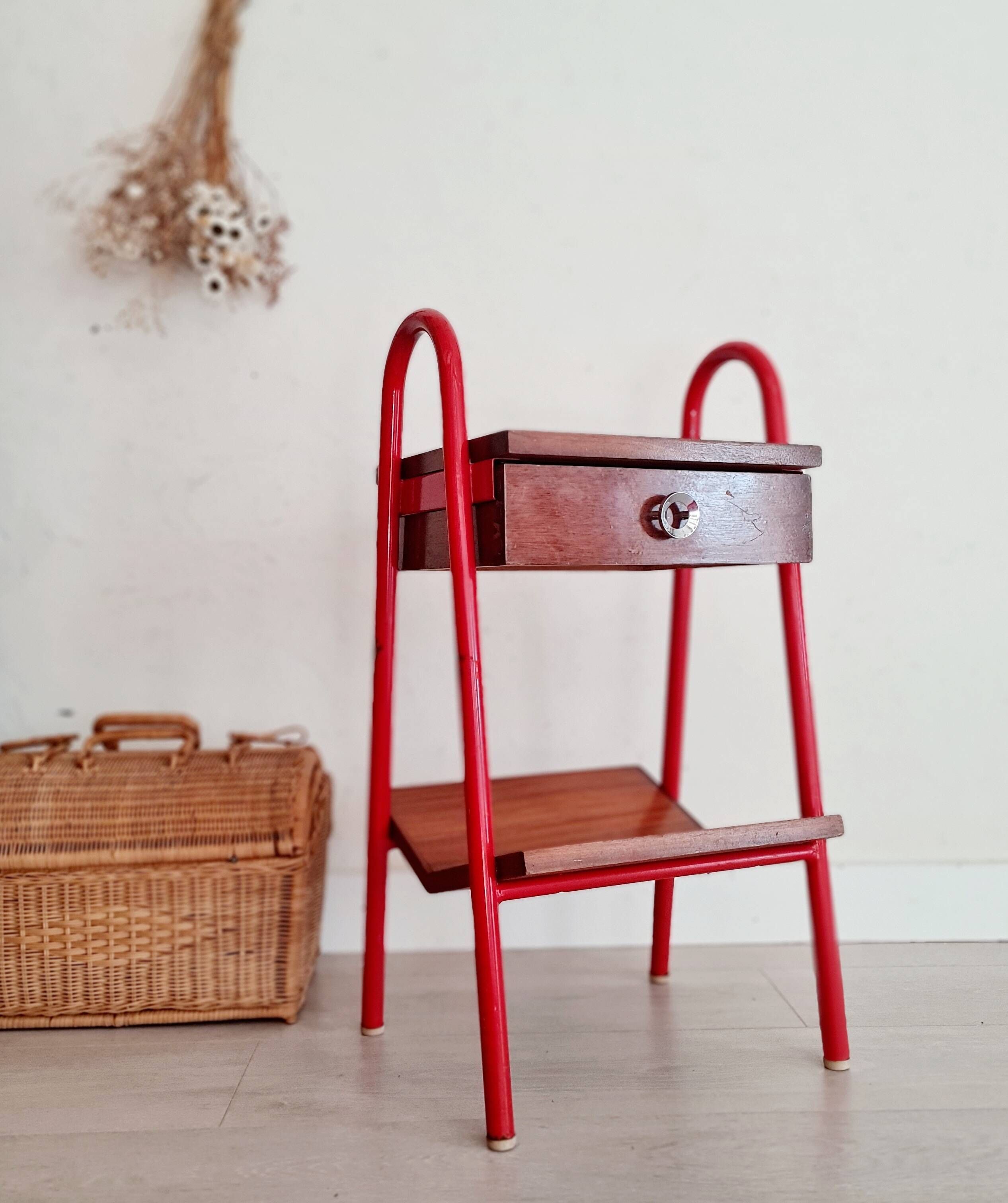 Small piece of furniture - boarding school type bedside table wood red metal