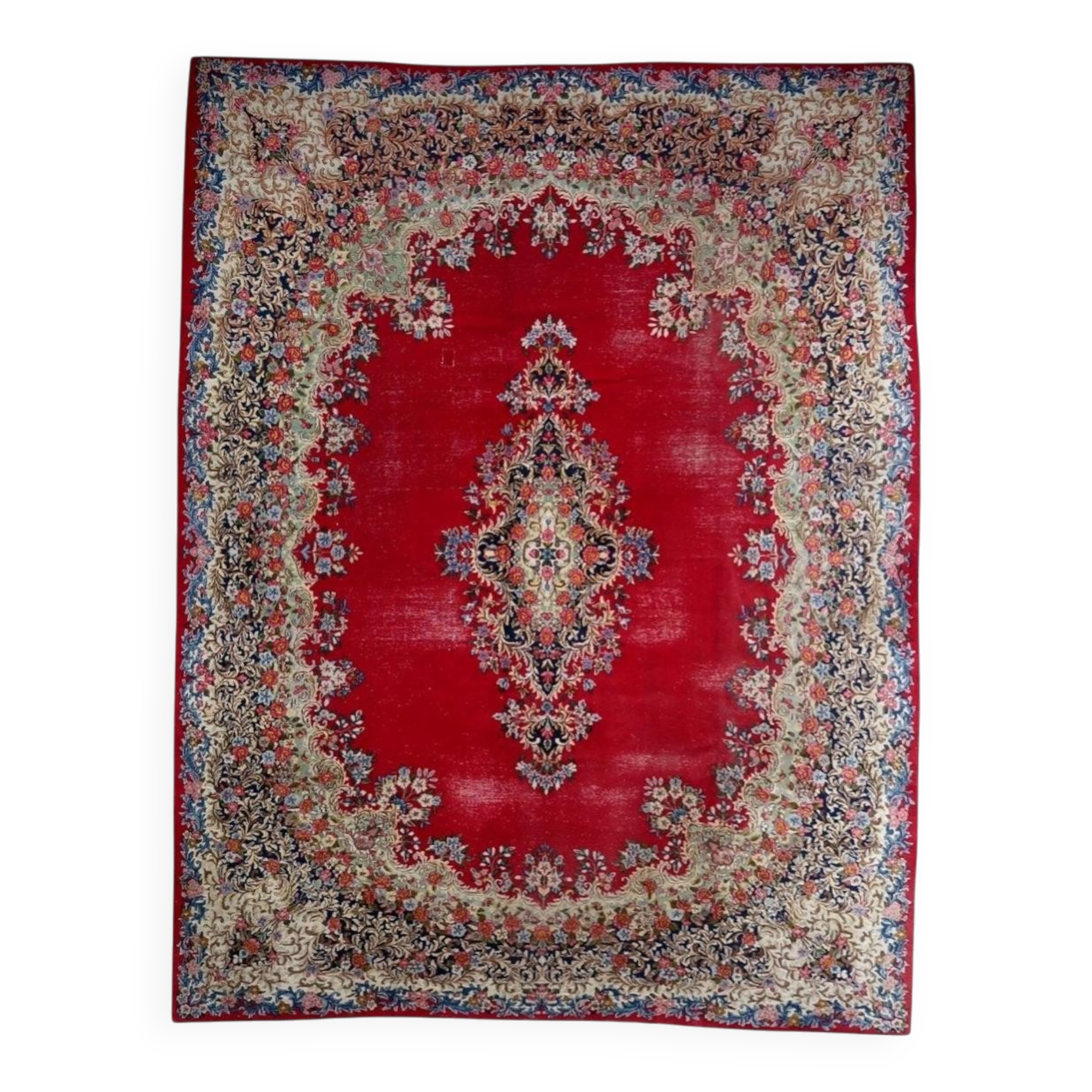Antique 1920s Persian Kerman rug, floral medallion, red field, 267cm x 364cm