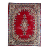 Antique 1920s Persian Kerman rug, floral medallion, red field, 267cm x 364cm