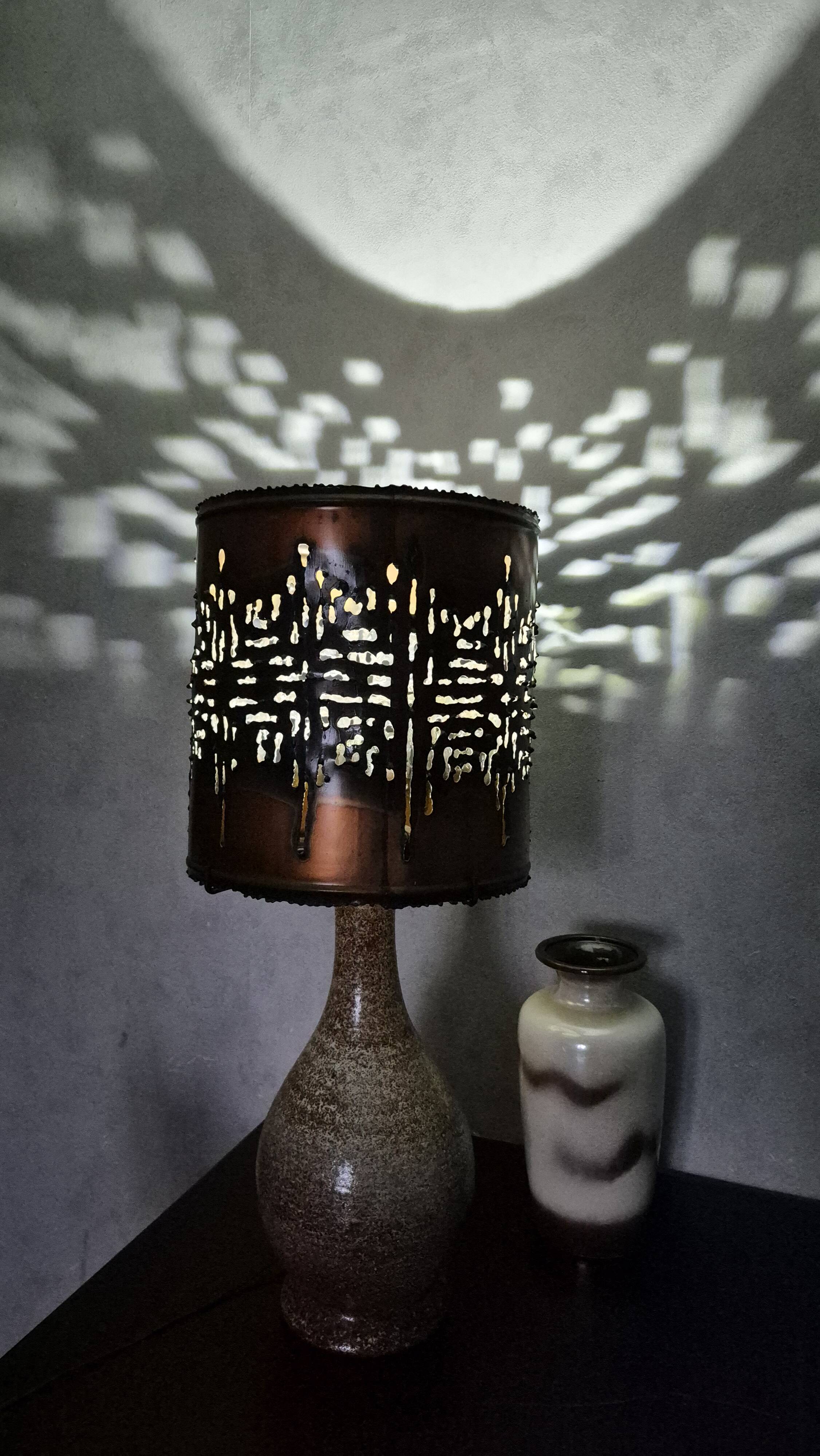 Large vintage Accolay lamp with flamed ceramic and metal shade.