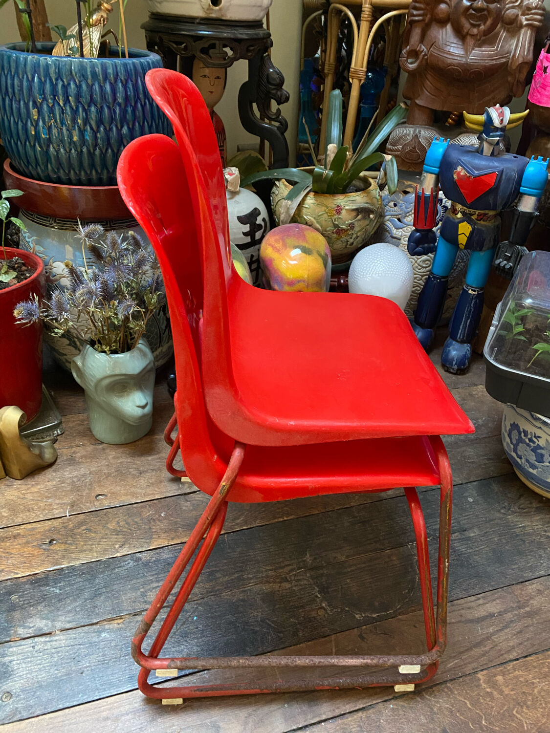 Duo of vintage Grofilex kindergarten children's chairs in red plastic