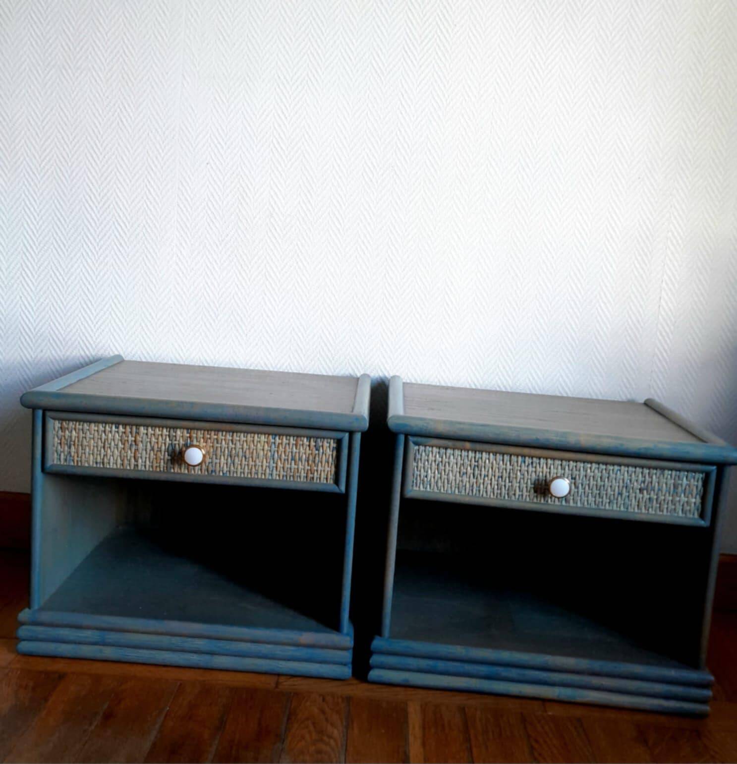 Pair of vintage Maugrion style rattan bedside tables.