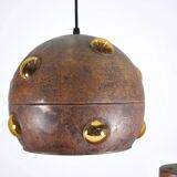 Large, globular brutalist hanging lamp in copper / glass by Peill & Putzler