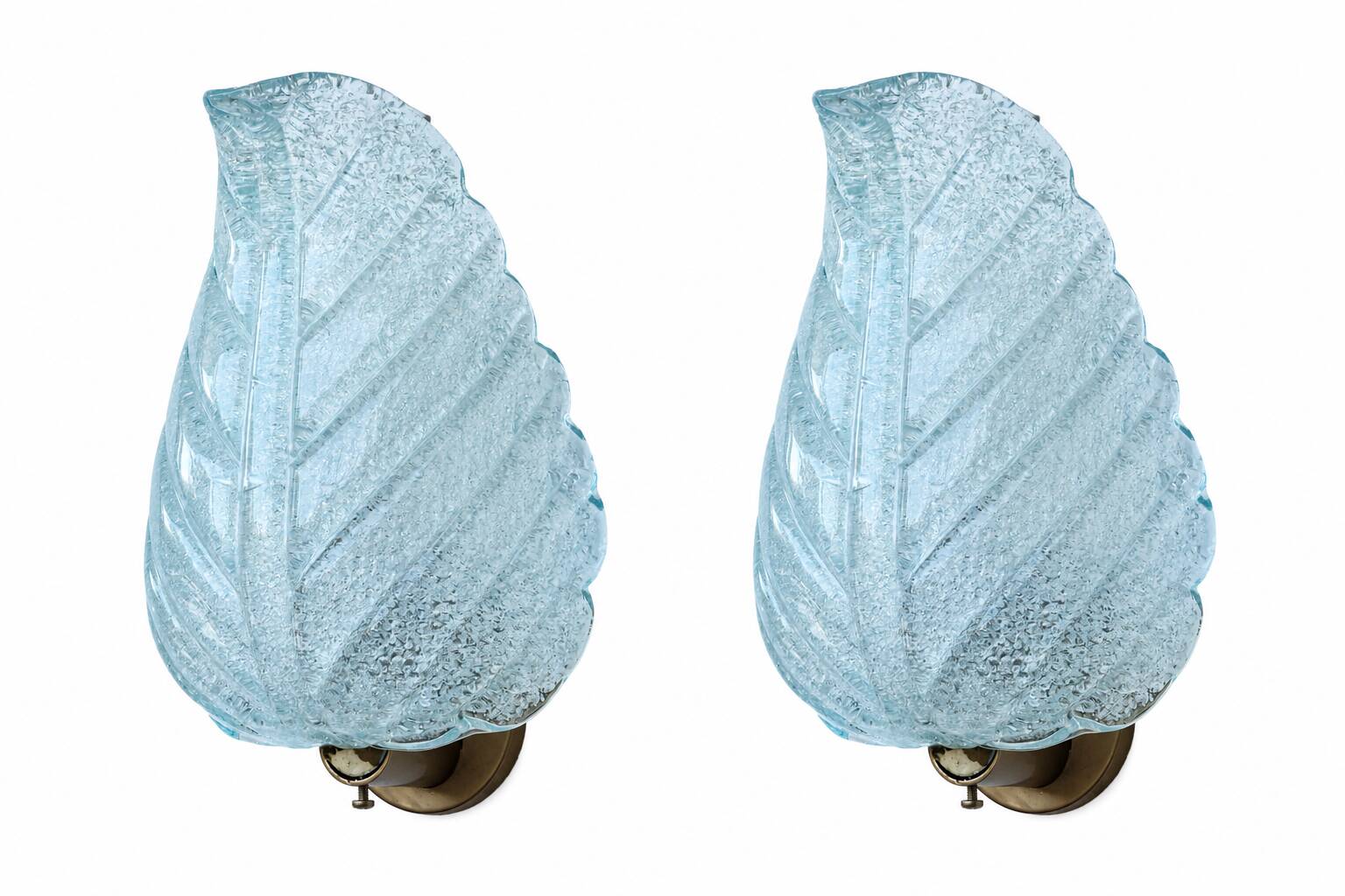Set of 2 Wall Light Blu colour Murano Glass Leave by Barovier e Toso, 1950s
