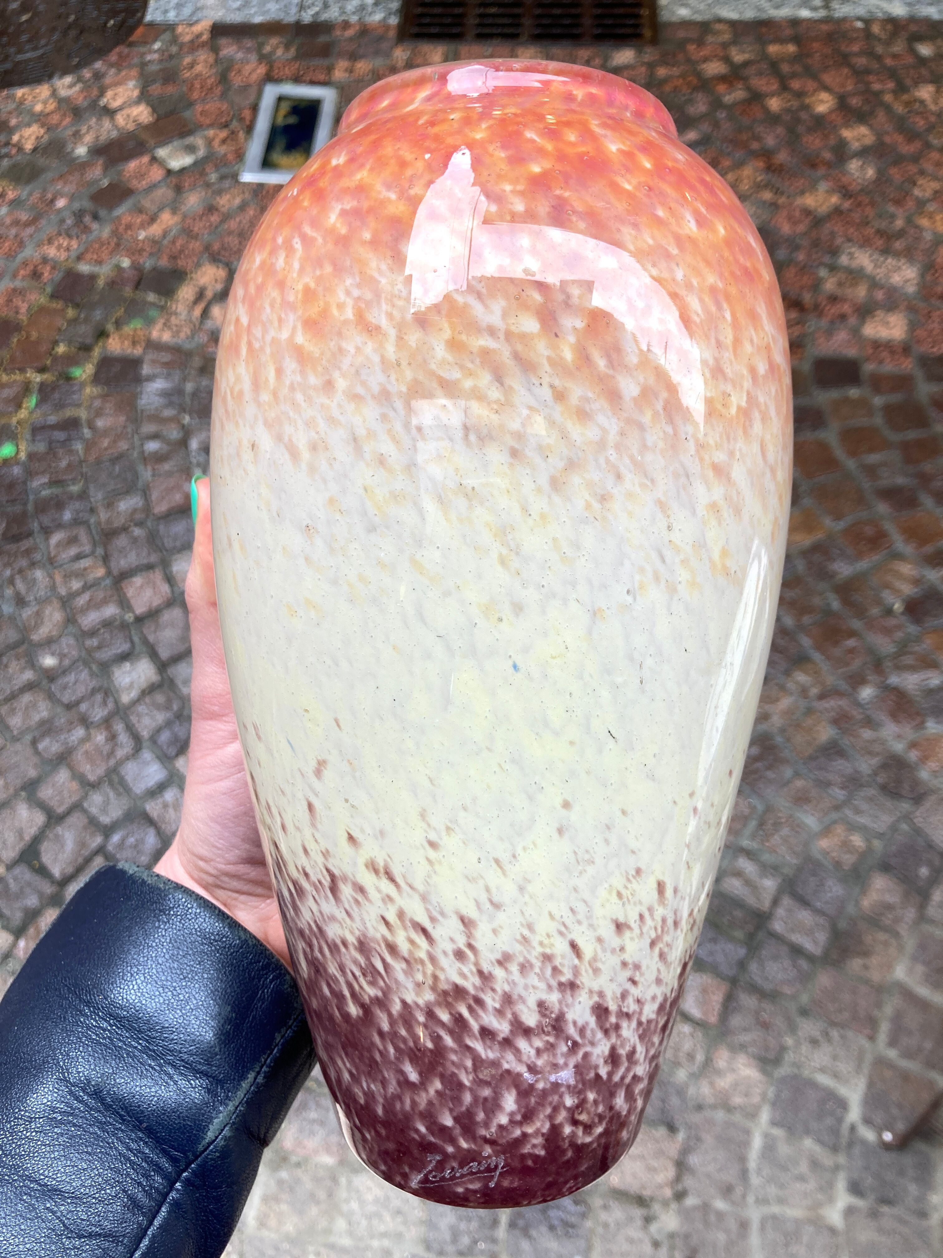 Large vase in marmoreen glass lorraine rosé/ecru/bordeaux-retro-vintage-deco