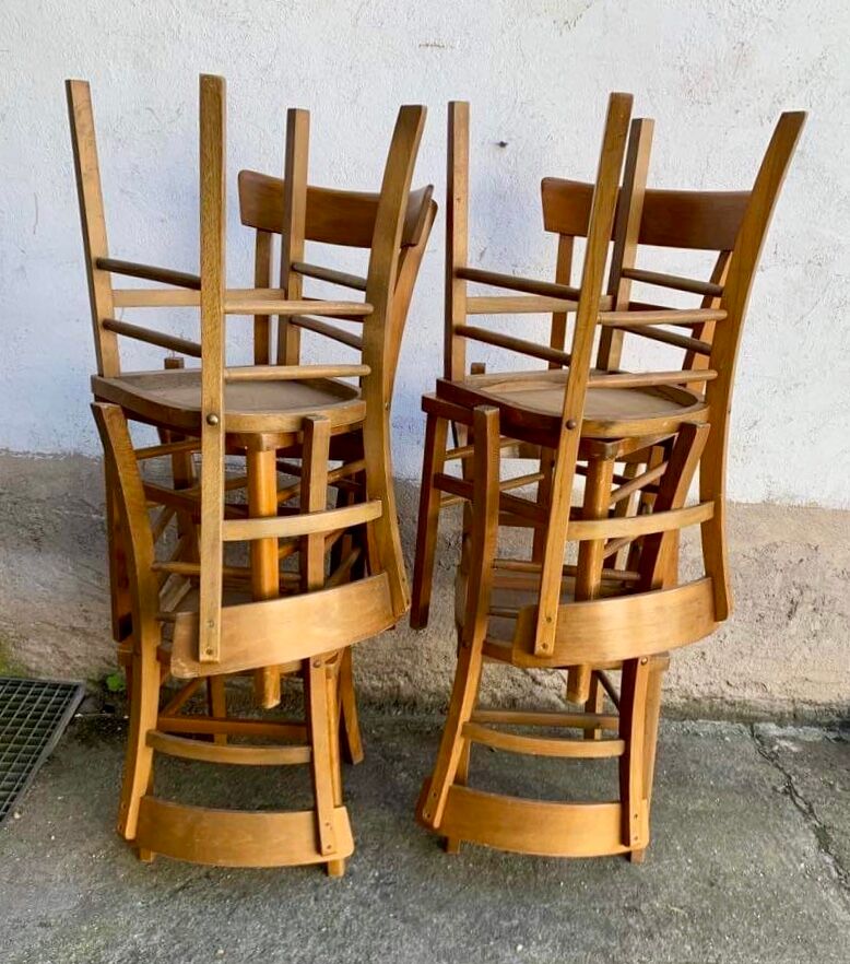 Set of 8 old light wood bistro chairs years 1957 stamps