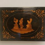 Sorrento marquetry box with a scene of three dancers in a medallion.