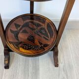 Table pliante vintage triple plateaux gravés en bois exotique 89 cm