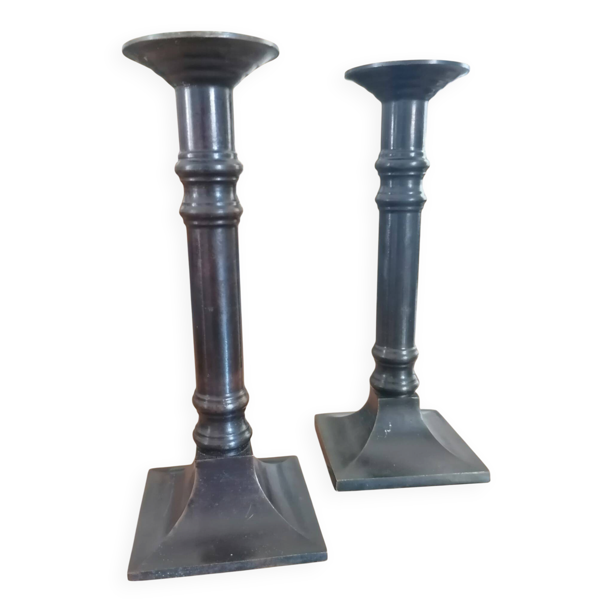 Pair of patinated bronze candlesticks Dutch Brustalistes