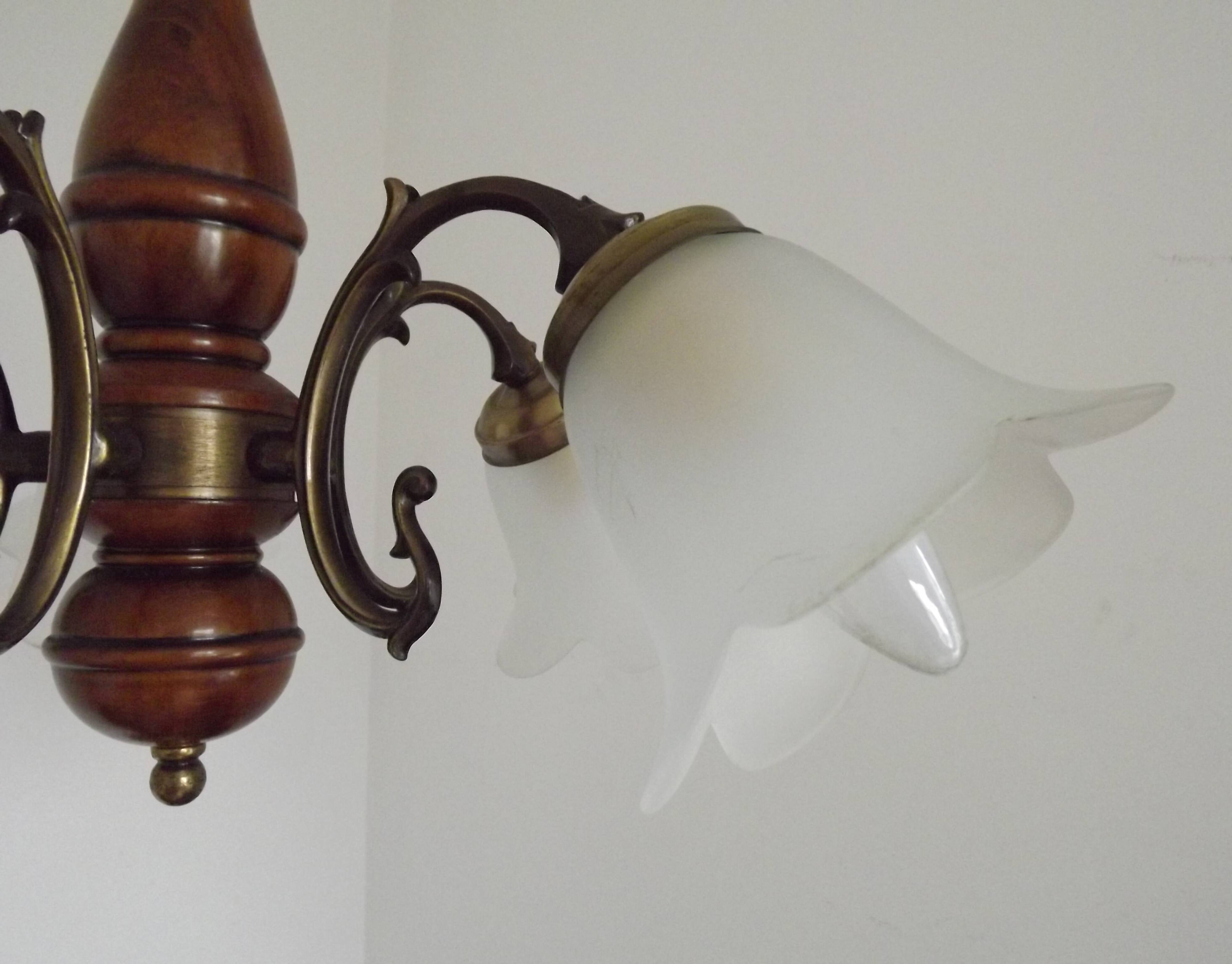 French Mid-Century Bronzed Metal & Wood 5-Light Chandelier with Glass Shades