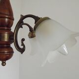 French Mid-Century Bronzed Metal & Wood 5-Light Chandelier with Glass Shades