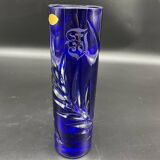 Soliflore vase, tubular, blue crystal, foliage decoration, encrypted, label, hand cut, flowers