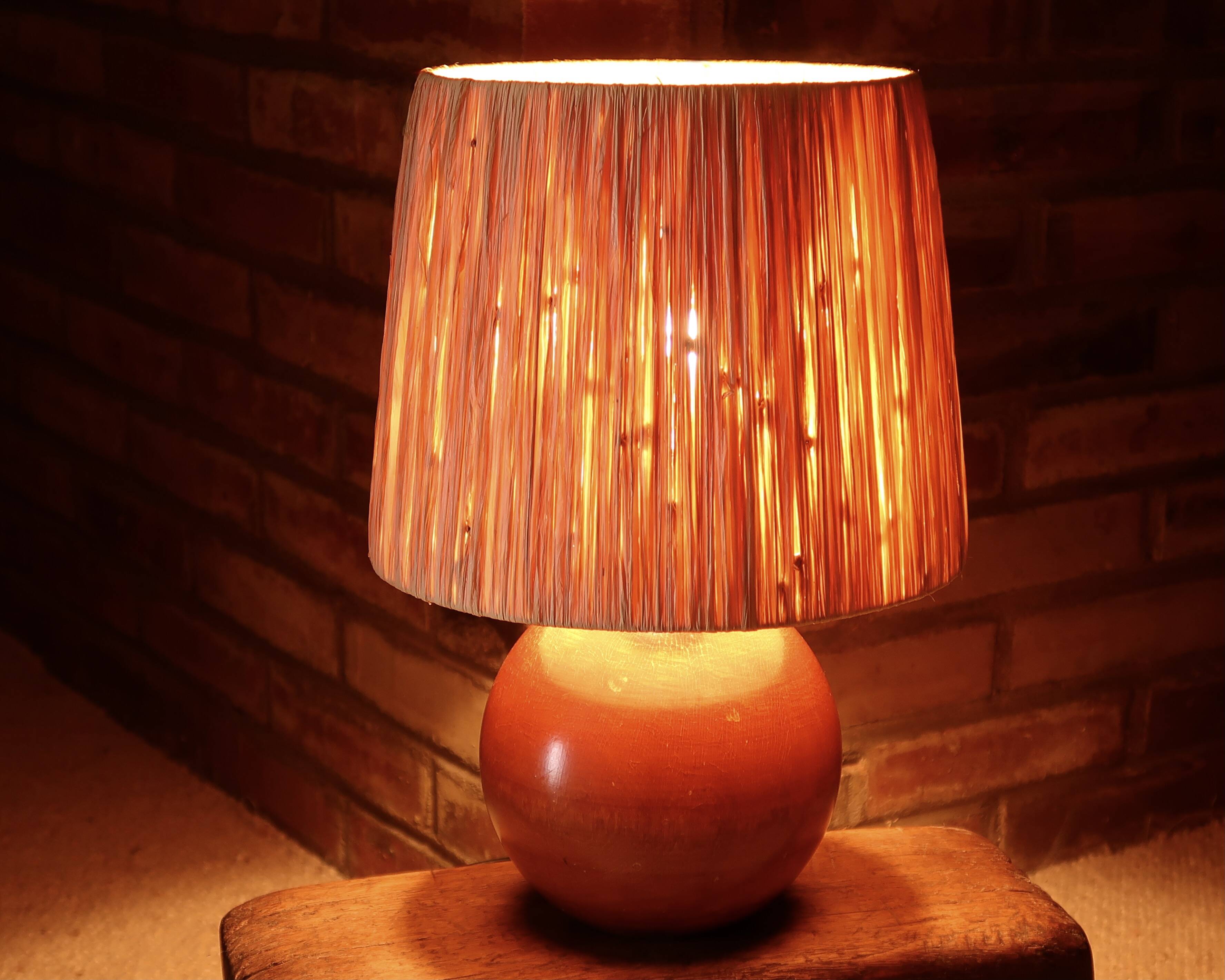 Italian wooden ball lamp, raffia lampshade, 1970s