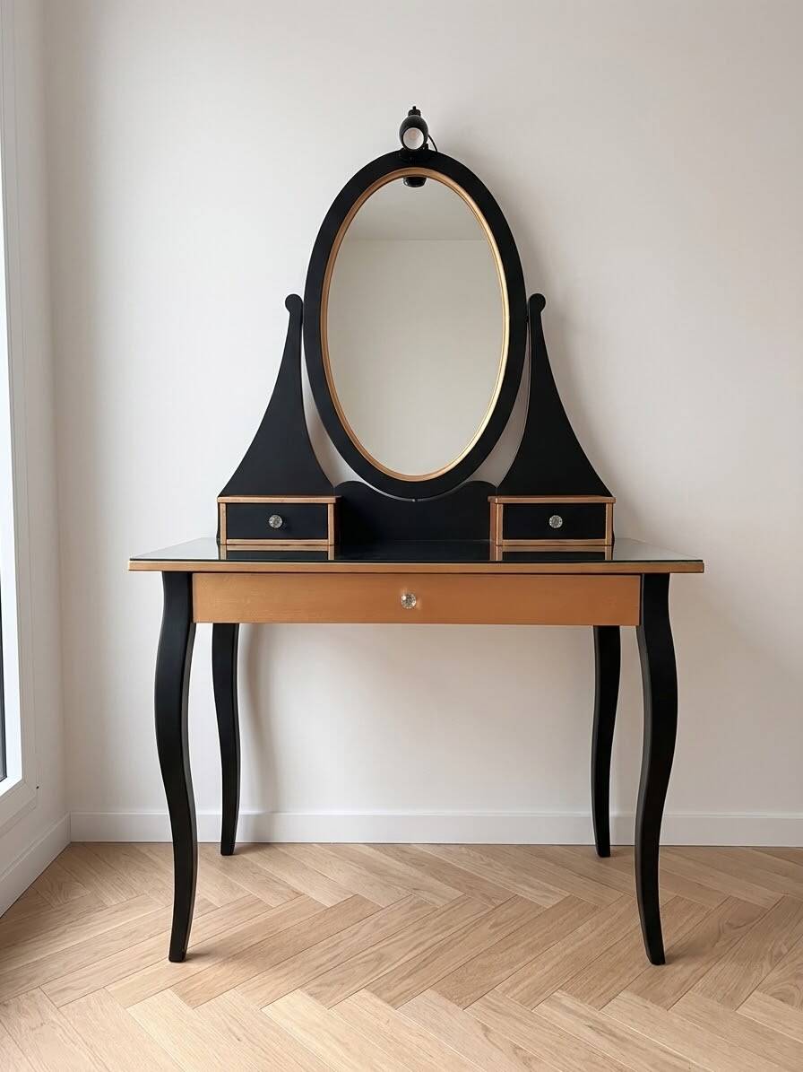 Coiffeuse avec miroir – Noir mat & or – LED – Très bon état