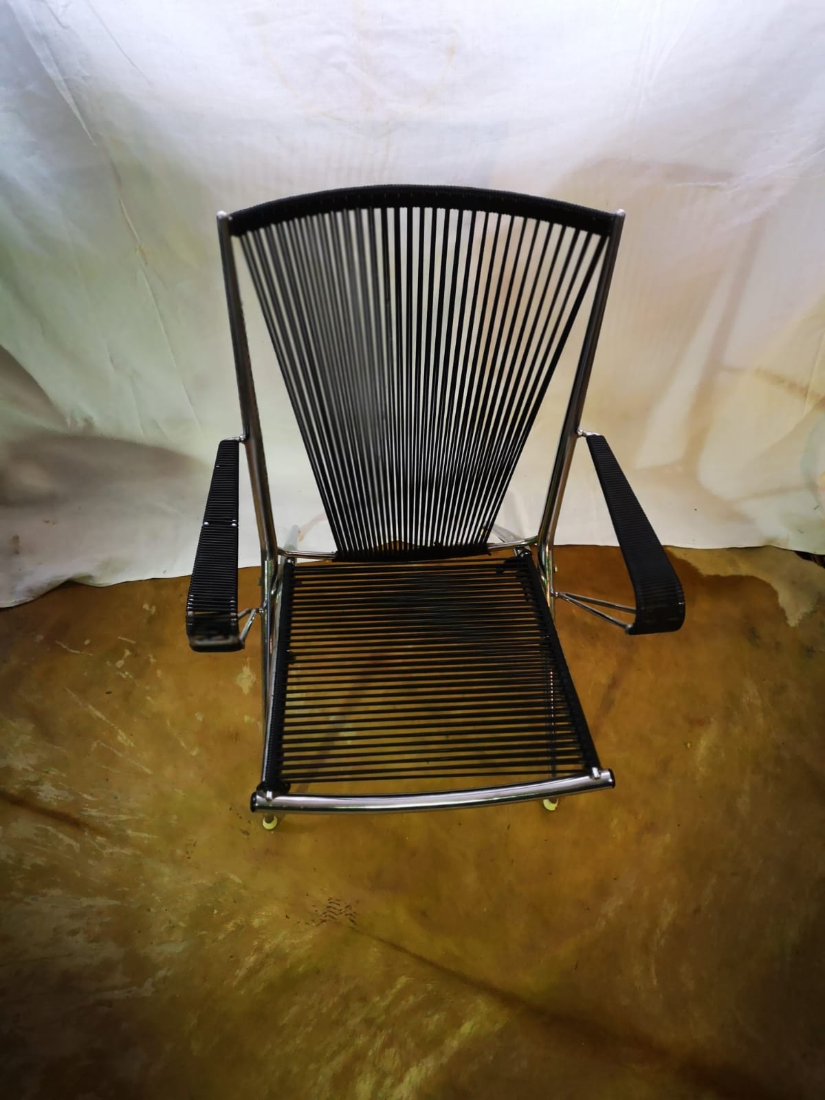 Chromed metal armchair with black scoubidous 1960