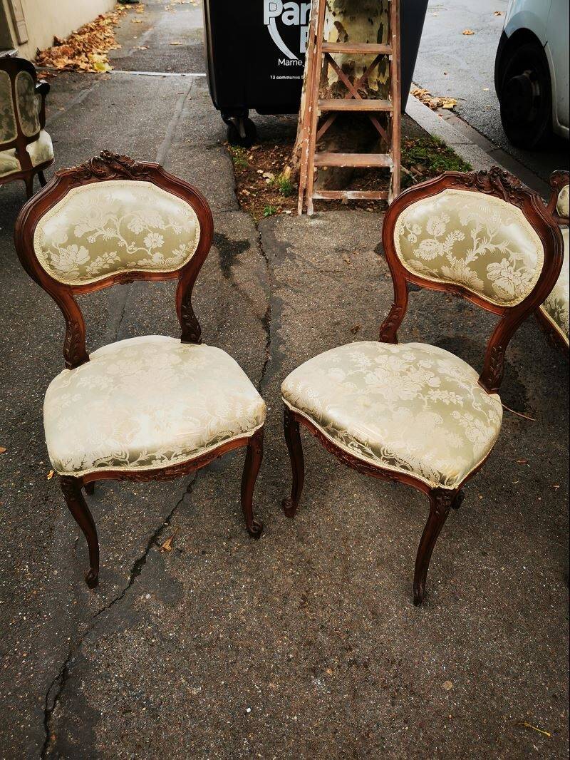Two-seater bench + two simple armchairs + five Louis XV chairs to be reupholstered