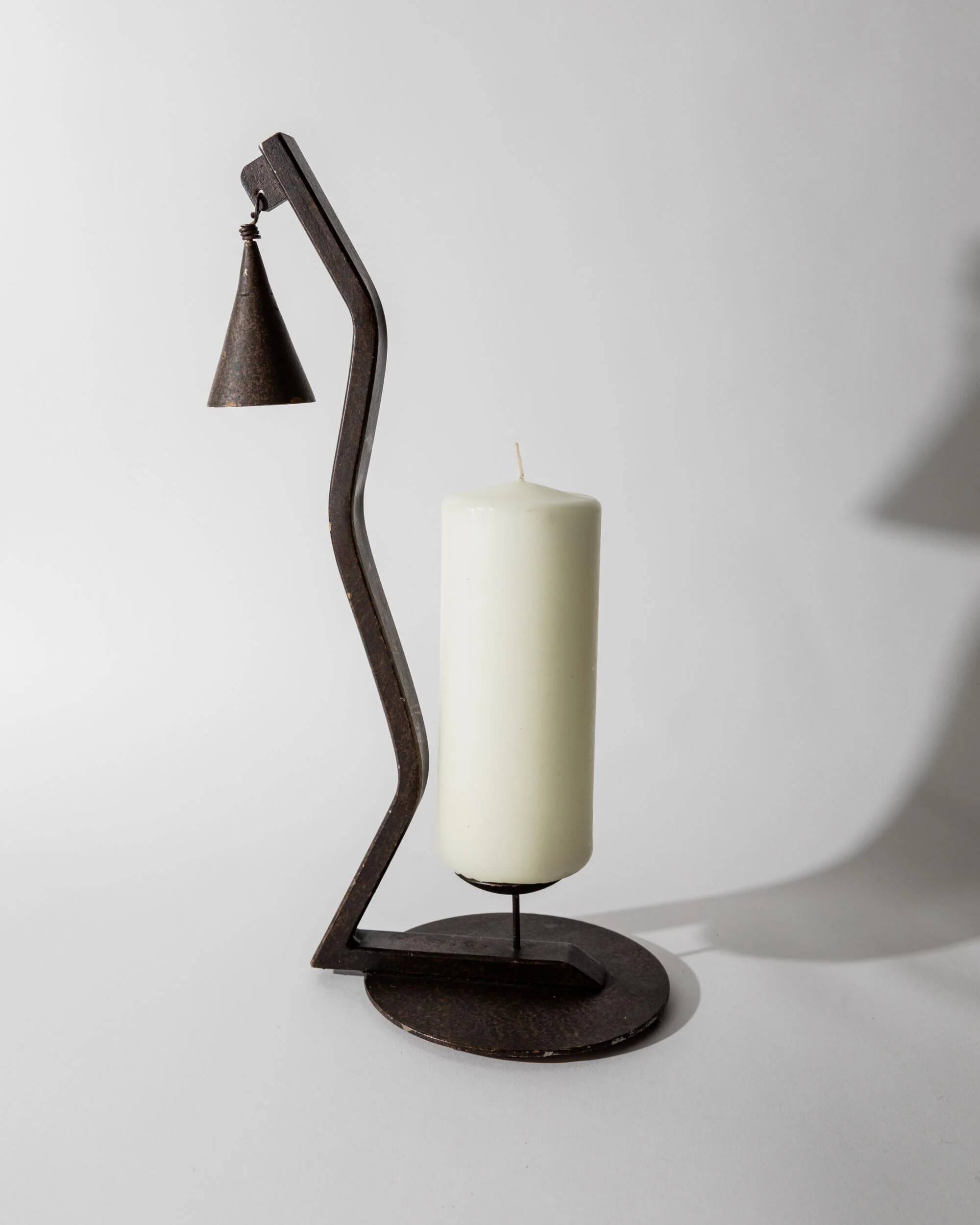 Vintage wrought iron candlestick from the 1960s, zigzag design with removable snuffer.