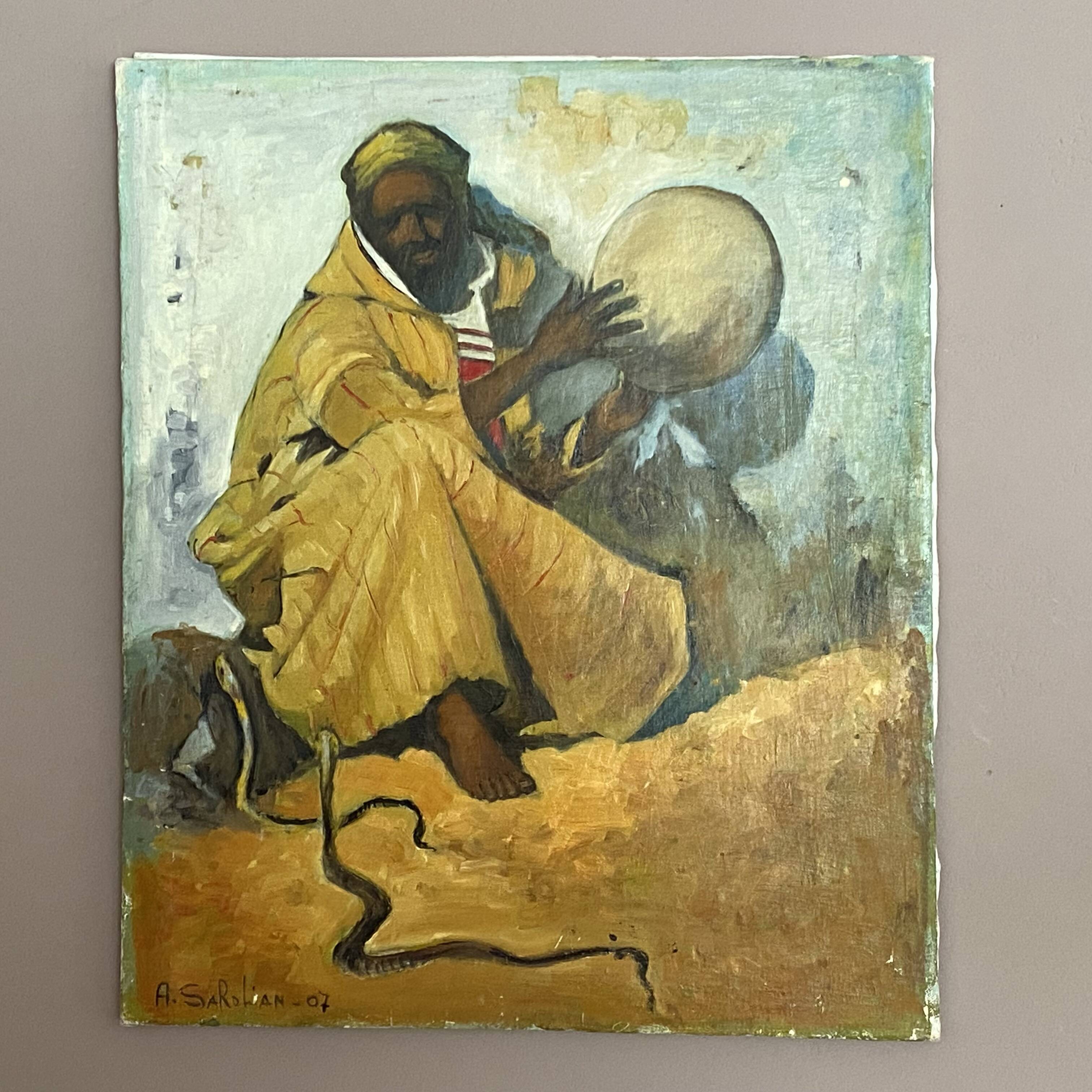Orientalist oil on canvas. The snake charmer. 55x46.