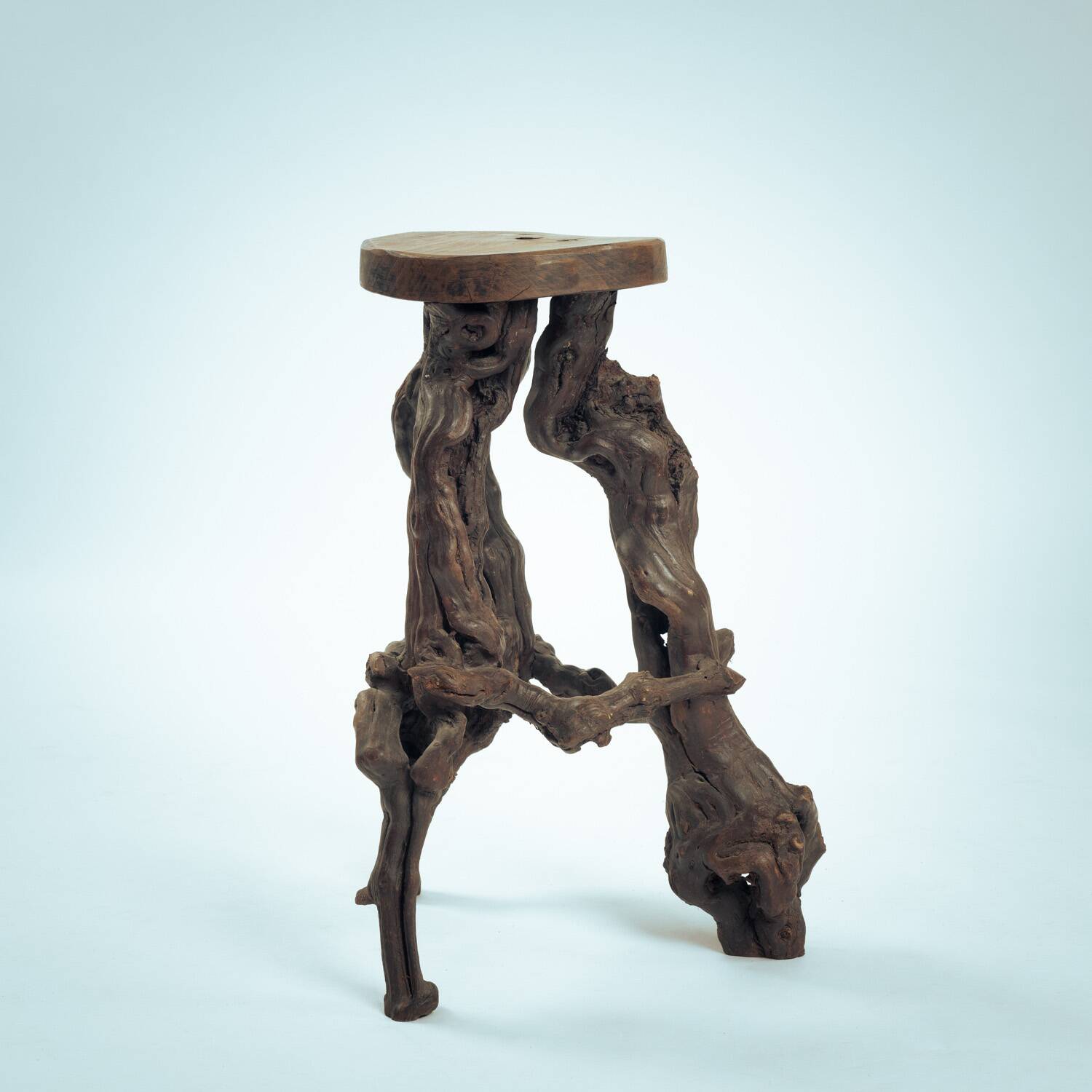 4 Tripod Bar Stools in Vine Wood and Oak, Handmade, France, 1950s