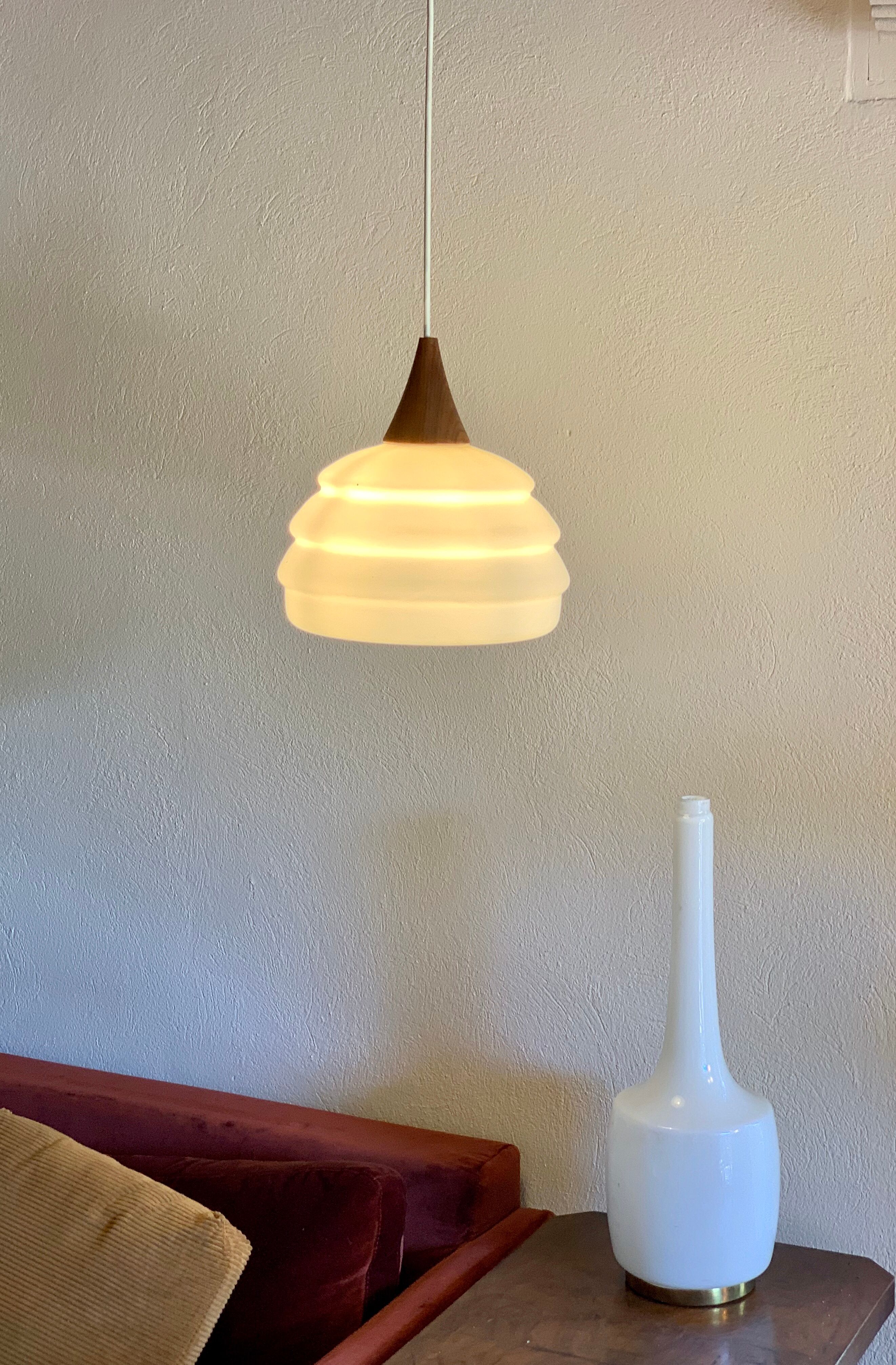Vintage teak and opaline pendant lamp by Louis Kalff for Philips