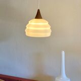 Vintage teak and opaline pendant lamp by Louis Kalff for Philips