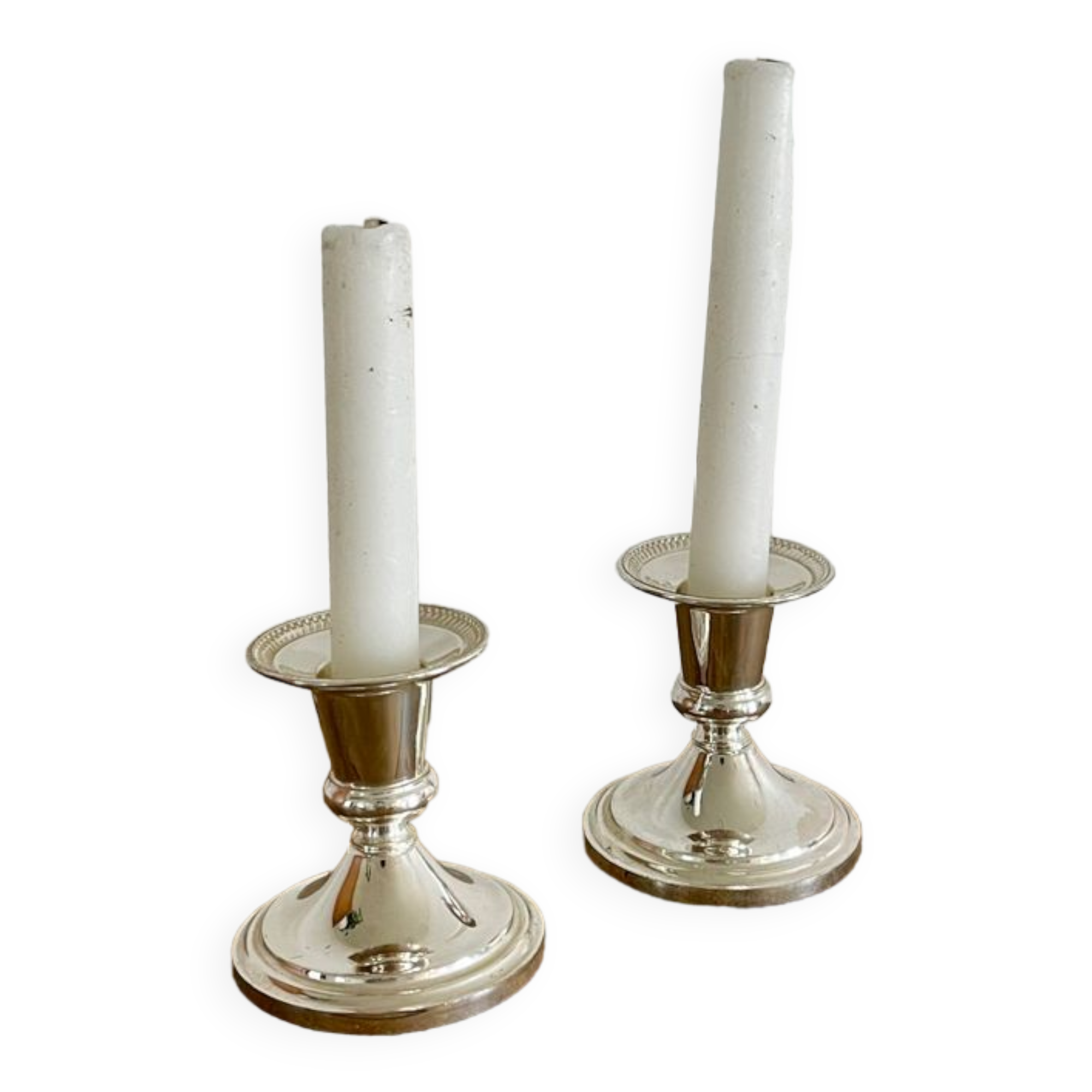 Pair of silver metal candle holders
