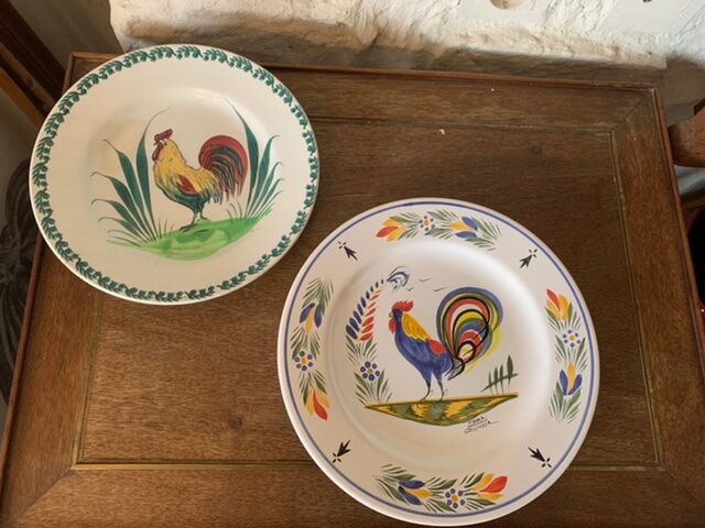 Two collection plates hand-painted rooster pattern signed fab Quimper and wolf mill hamage