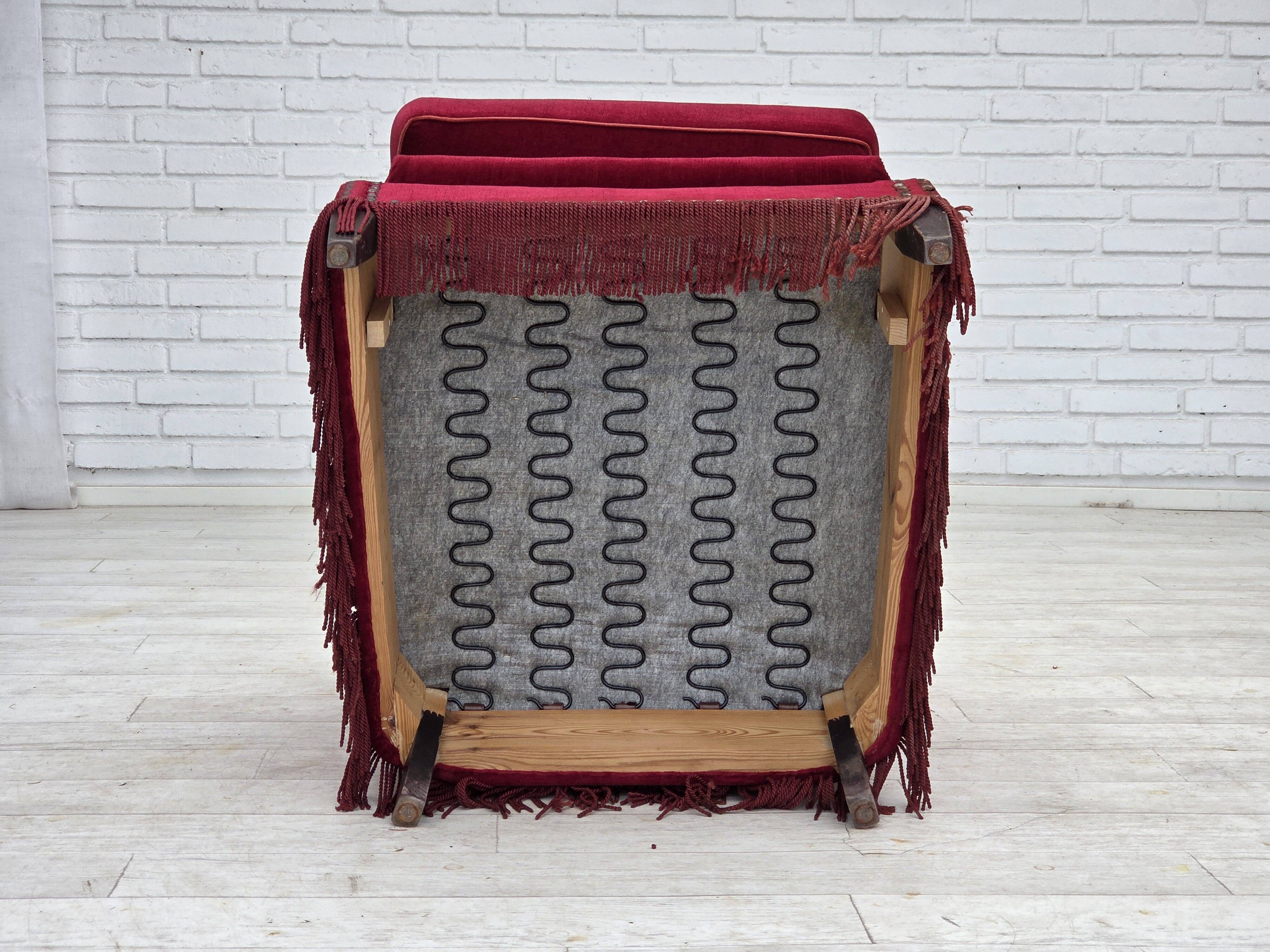 1970s, Danish armchair, red furniture velour, ash wood.