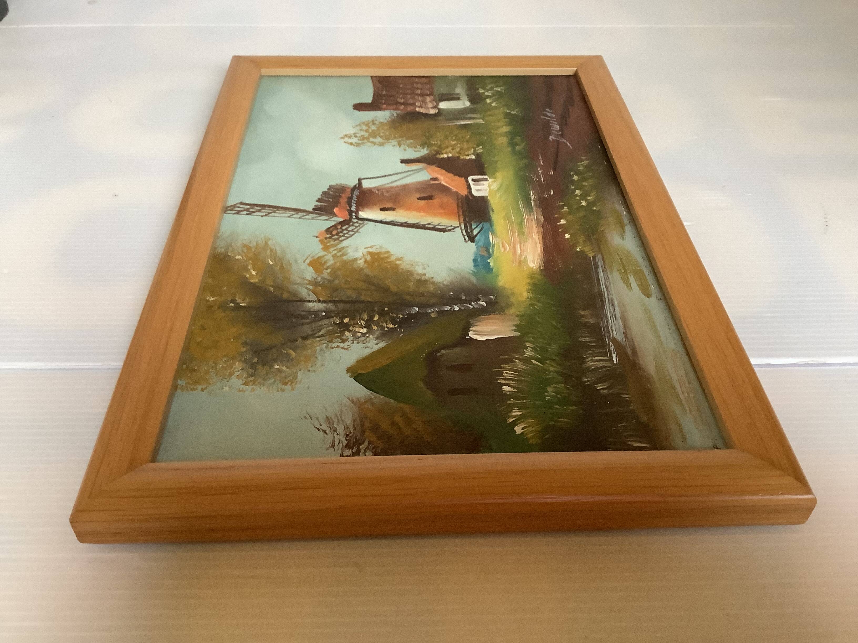 Small village painting with a mill, oil on canvas, signed.