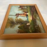 Small village painting with a mill, oil on canvas, signed.