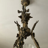 Ancien lustre cage en bronze et 4 feux tulipe