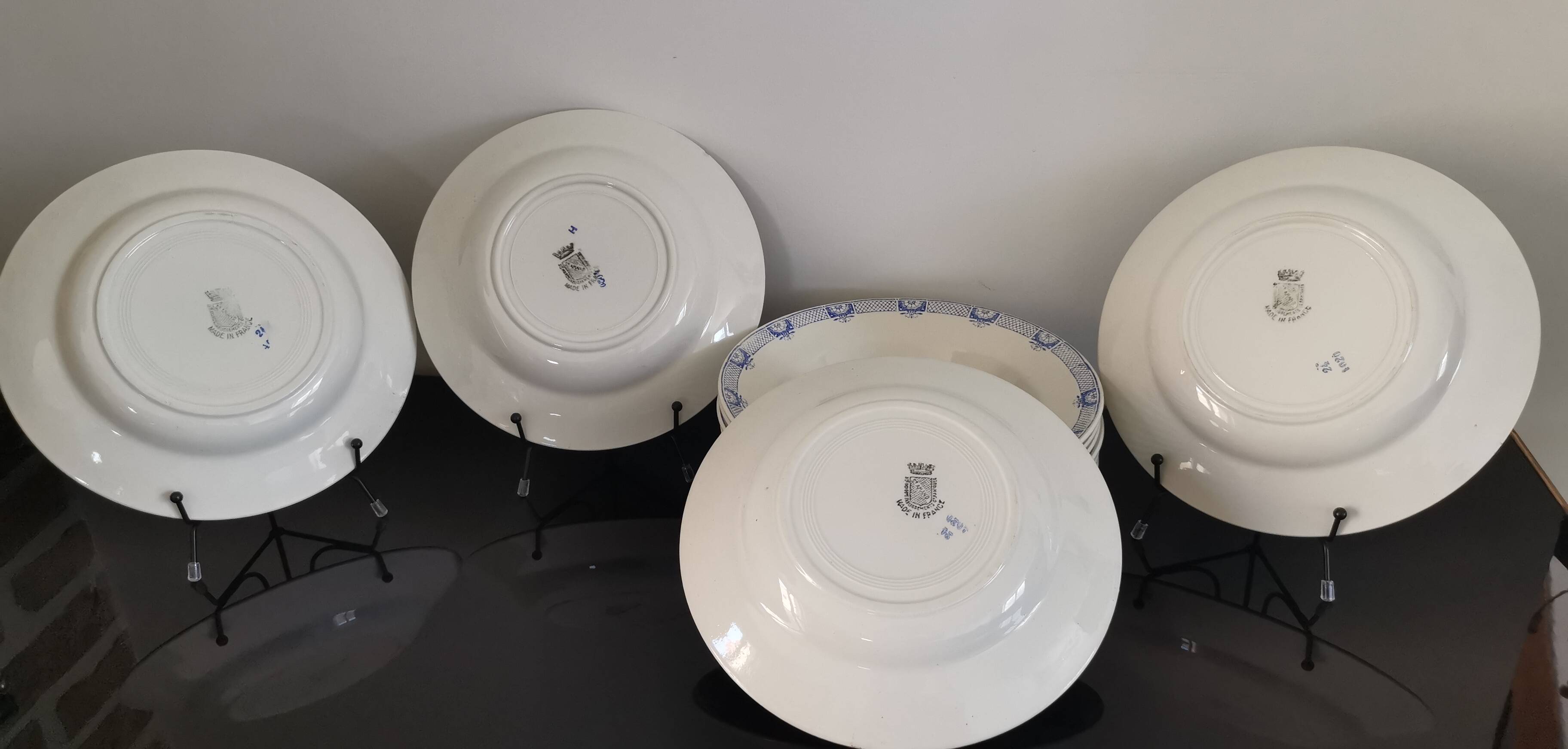 6 Saint Amand and Hamage white/blue earthenware soup plates