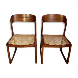 Suite de 2 chaises vintage traîneau cannées Baumann années 70